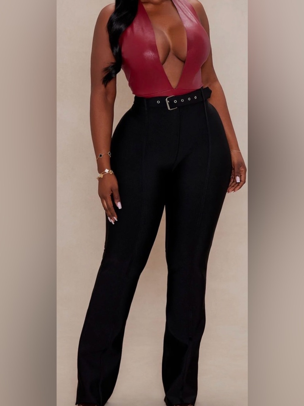Deep Plunge Faux Leather Bodysuit - Burgundy - Picture 8 of 8
